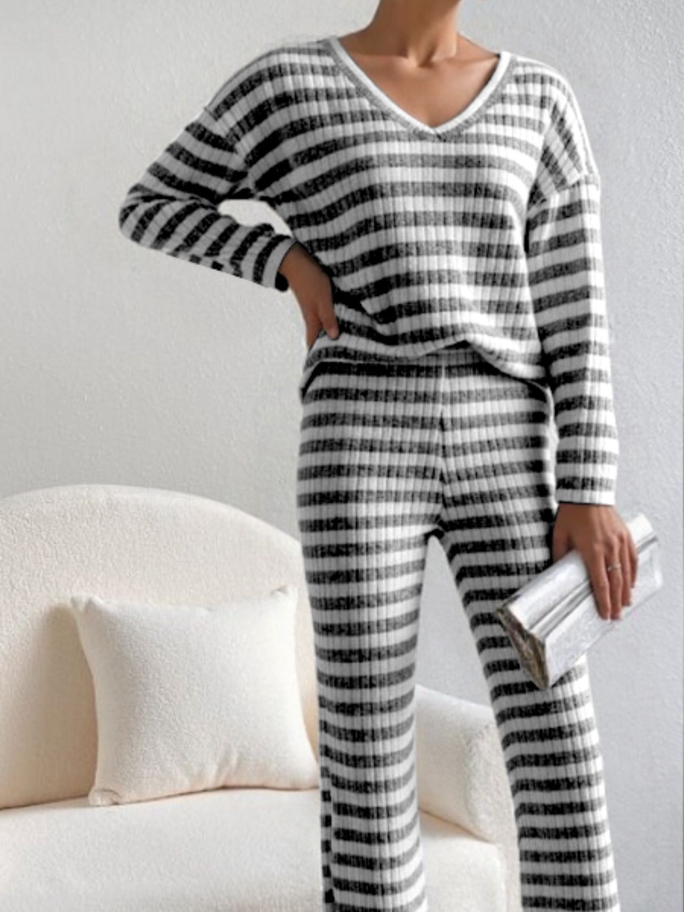 Striped Ribbed Knit Top and Pants Set