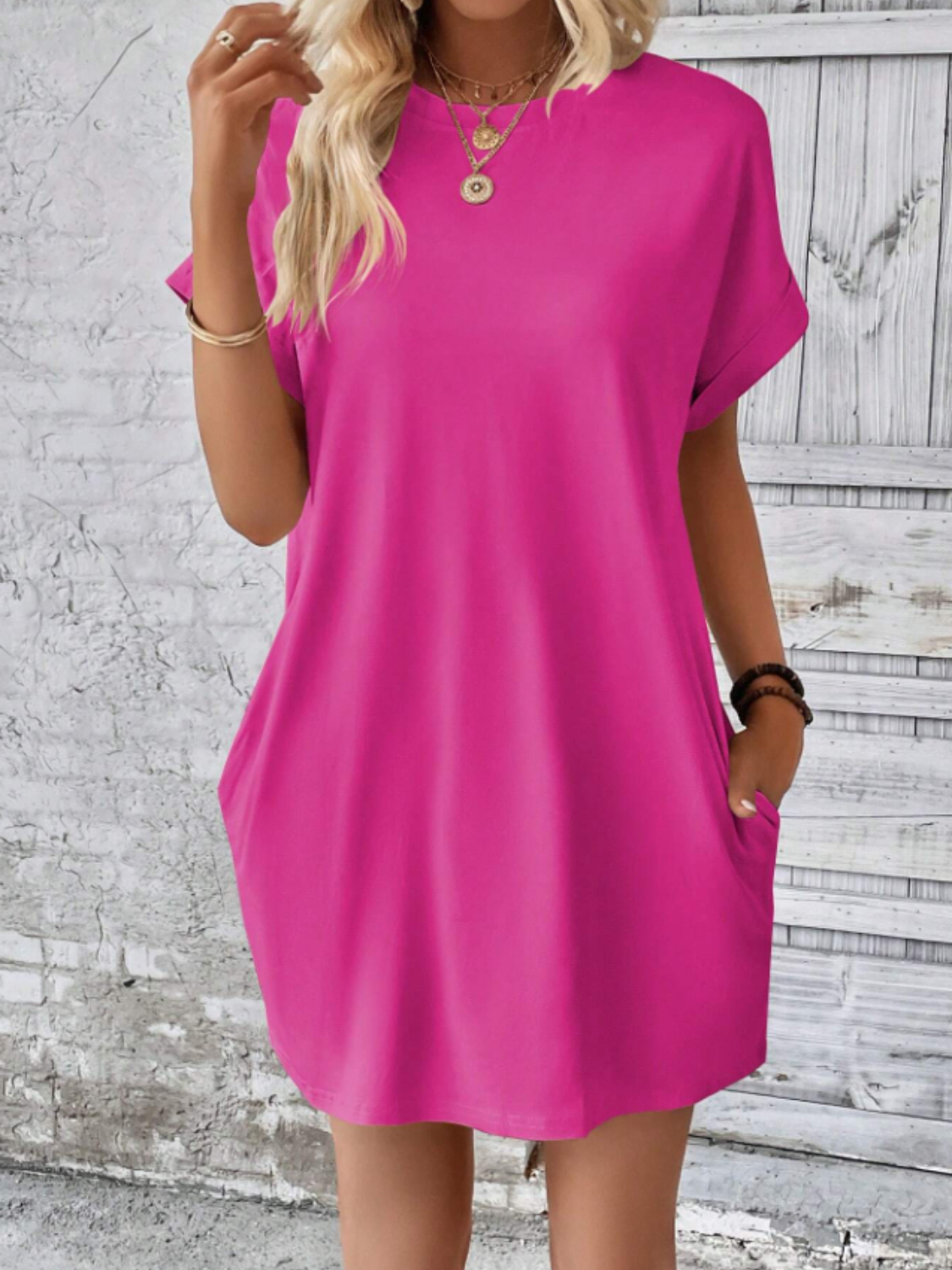 Round Neck Short Sleeve Mini Tee Dress with Pockets