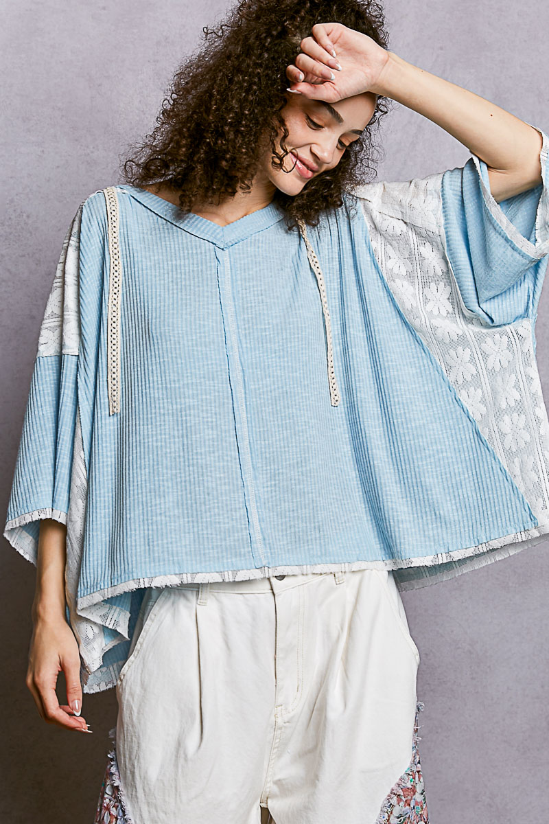 Short Sleeve Hoodie Top with Lace Detail