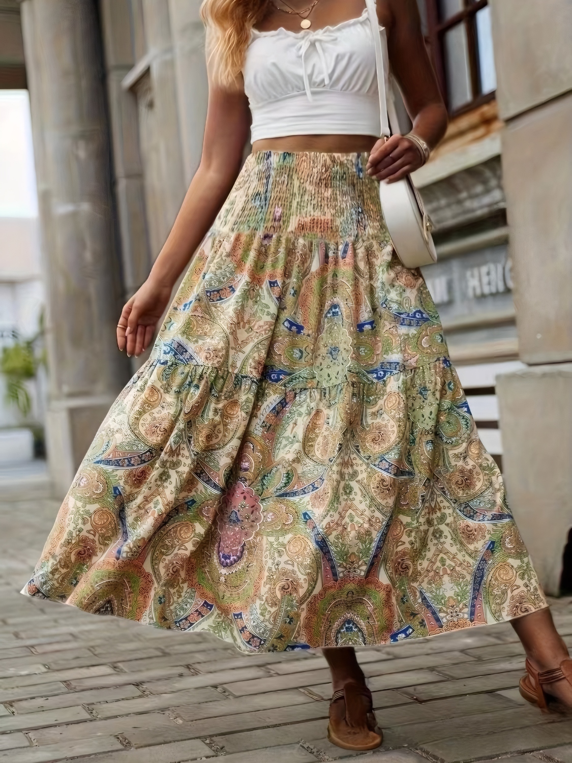 Smocked Printed High Waist Skirt
