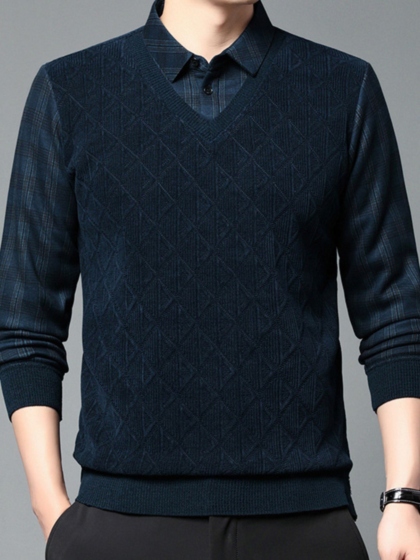 Men's Plus Size Layered-Look Long Sleeve Polo