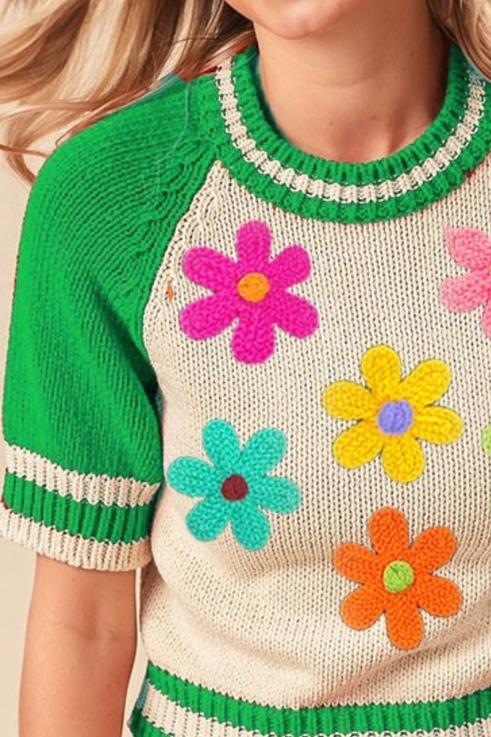 Crochet Flower Patches Striped Rib Band Sweater