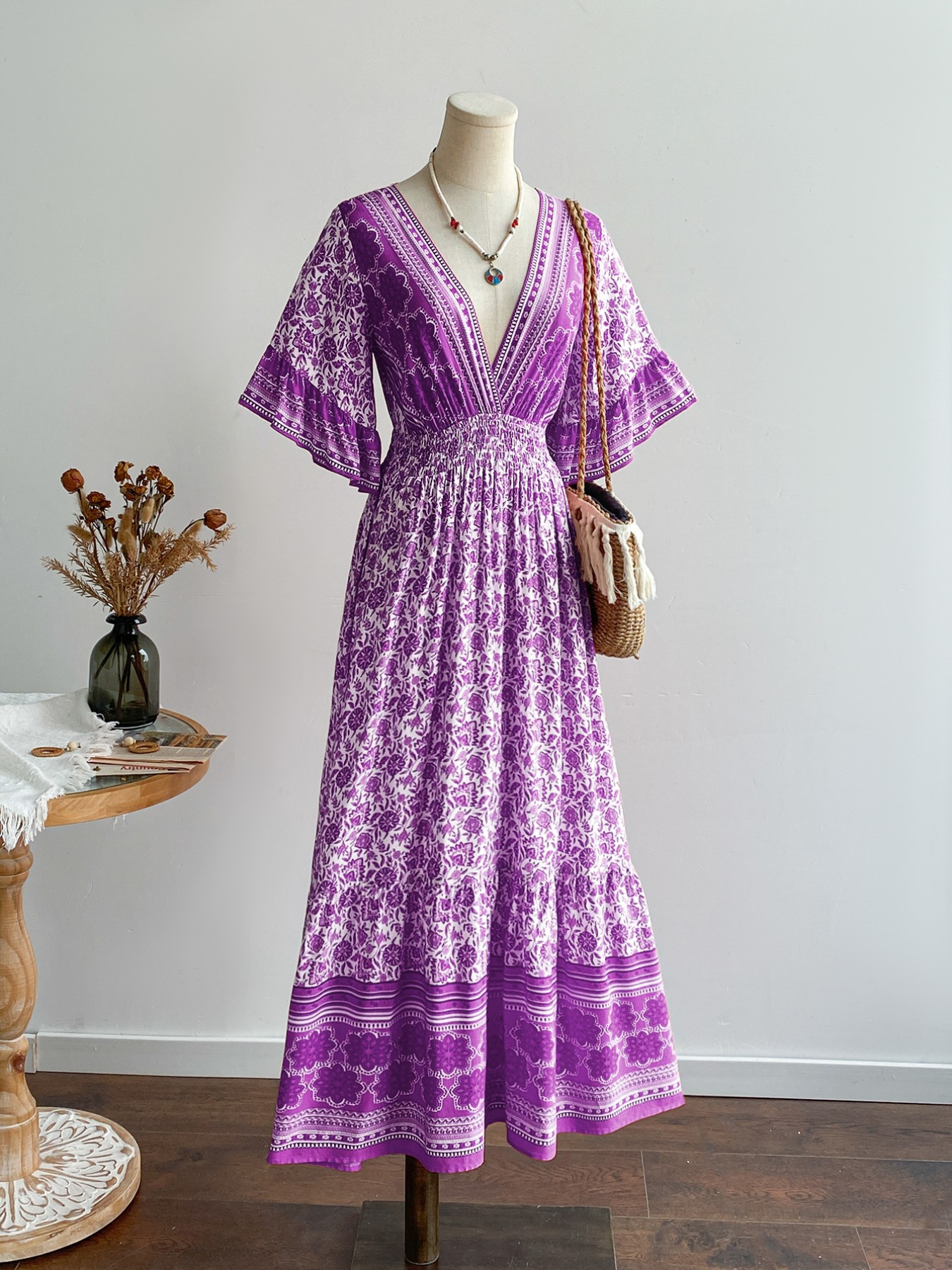 Floral Print Deep V-Neck Dress