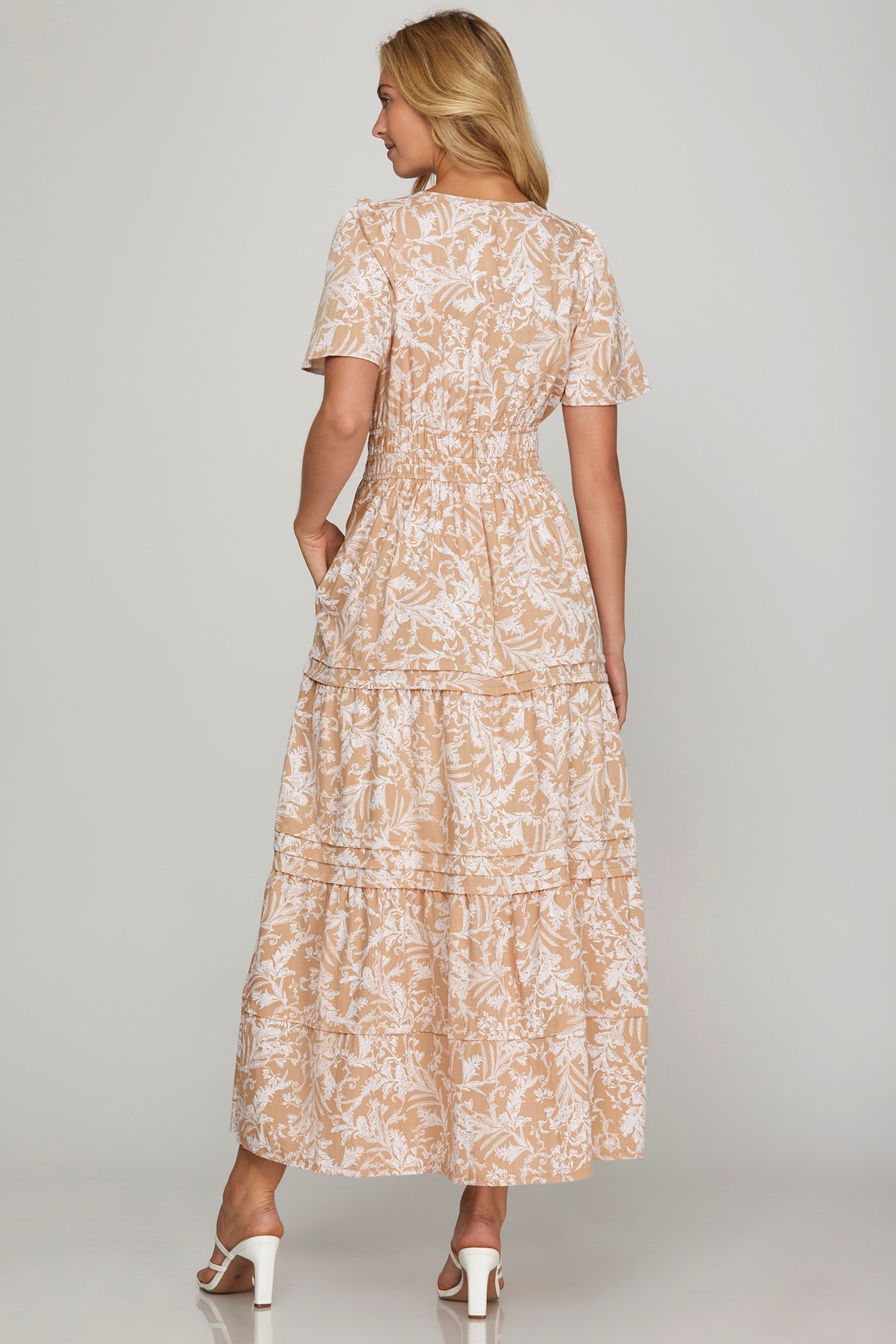 Printed Notched Woven Tiered Pintuck Maxi Dress with Side Pockets