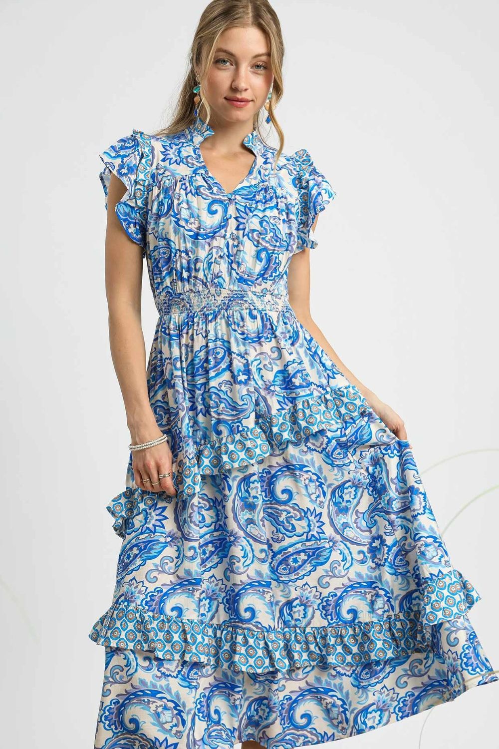 Umgee Paisley Print Ruffle Sleeve Midi Dress