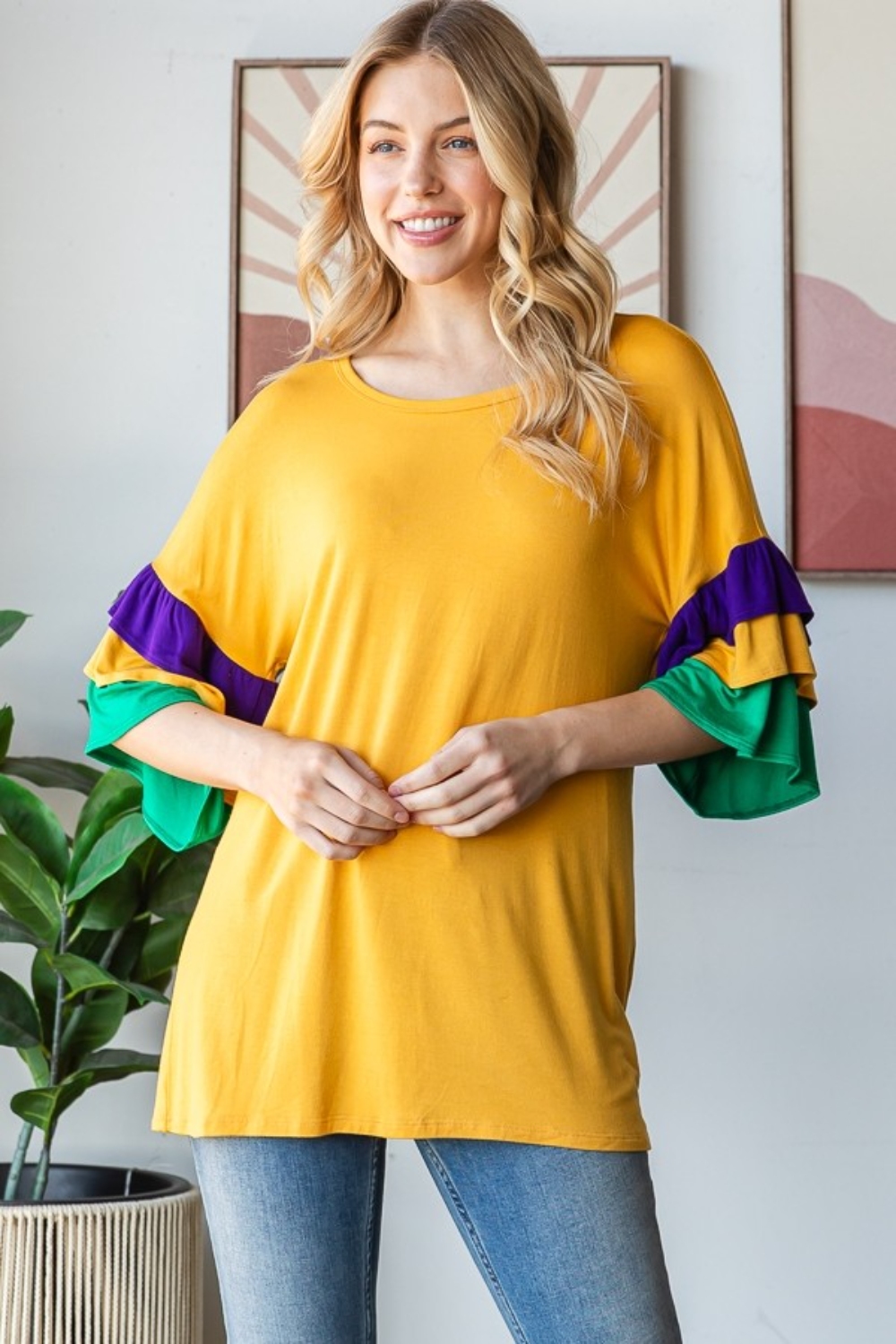 Full Size Round Neck Color Block Ruffled Half Sleeve Top Plus Size