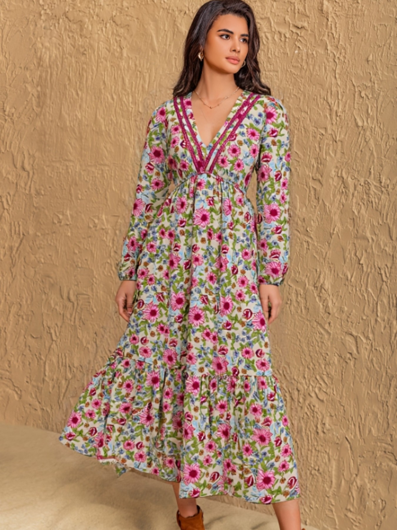 Floral Print V-Neck Bohemian Midi Dress