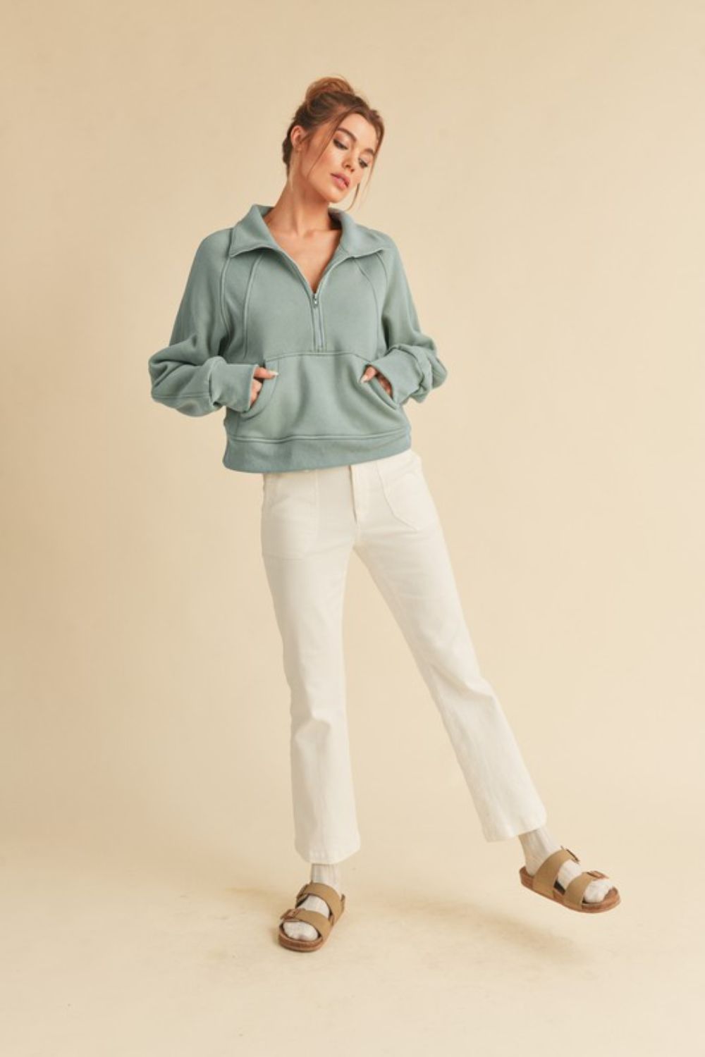 Half Zip Raglan Sleeve Sweatshirt with Kangaroo Pocket