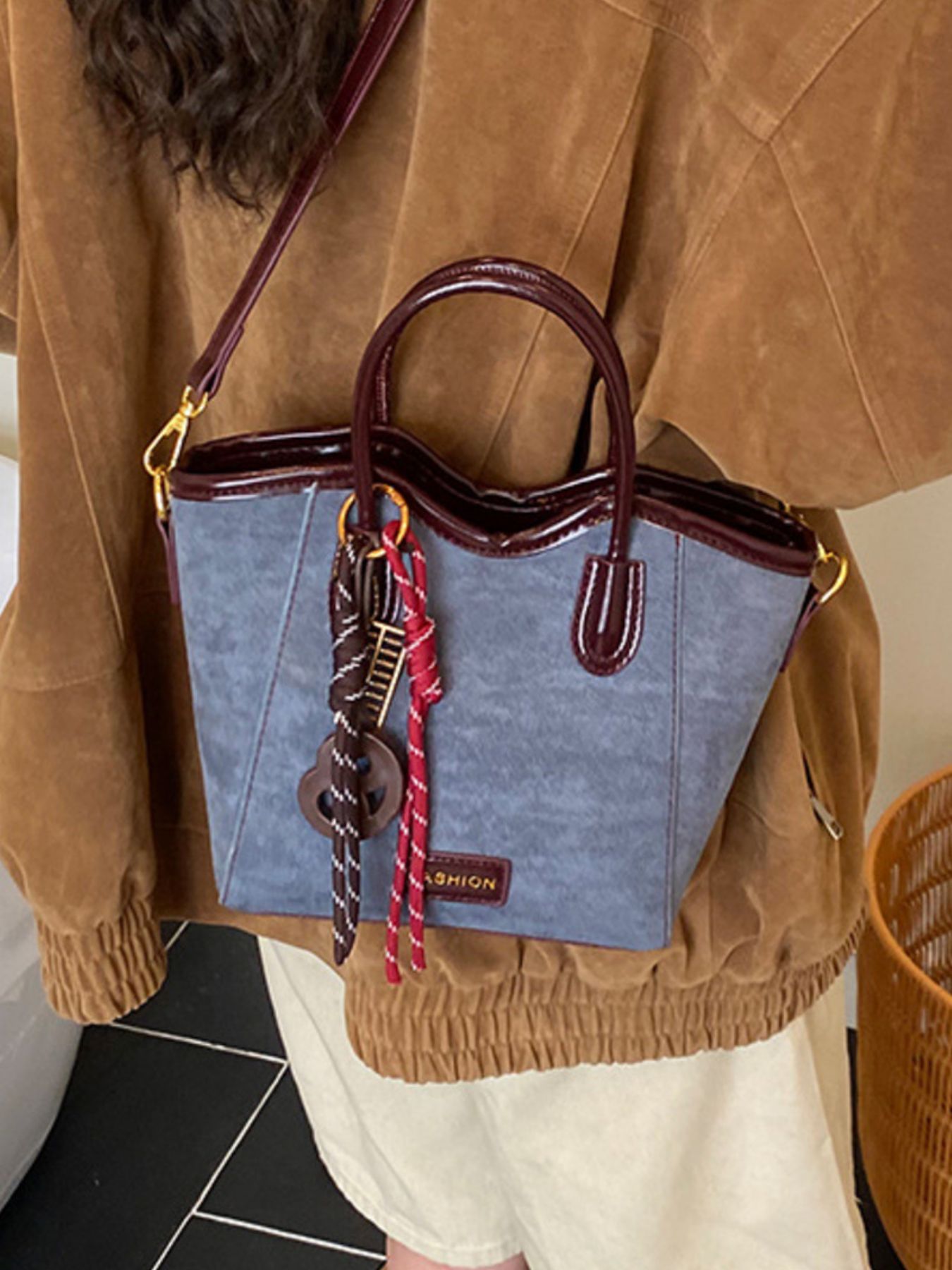 Suede Leather Strap Tote Bag