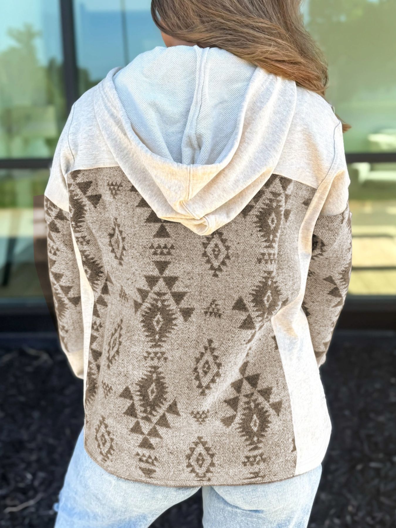 Western Aztec Print Color Block Patchwork Drawstring Hooded Shacket