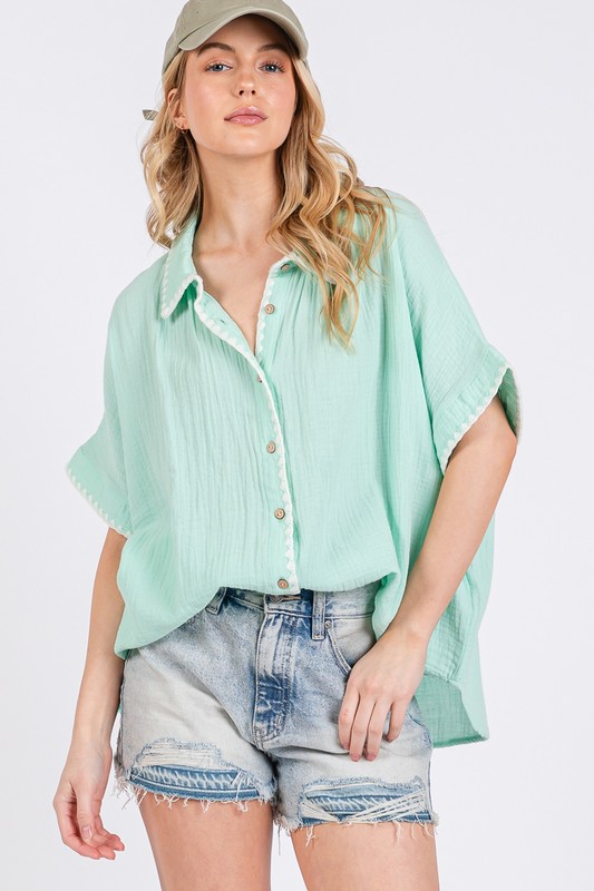 Boho Contrast Zigzag Trim Gauze Button-Up Shirt