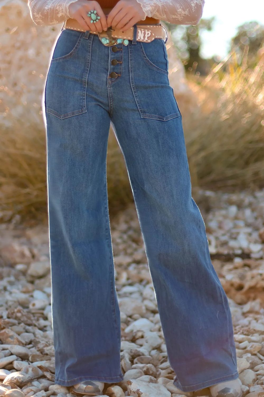 High-Waisted Wide-Leg Button-Front Jeans