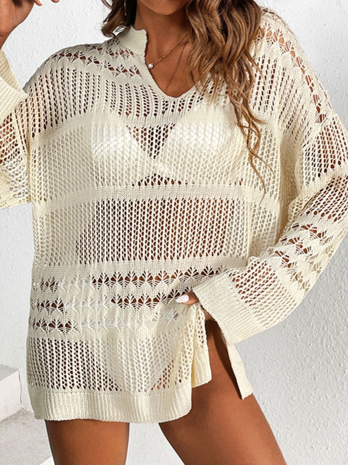 Openwork Notched Long Sleeve Knit Cover Up view 4