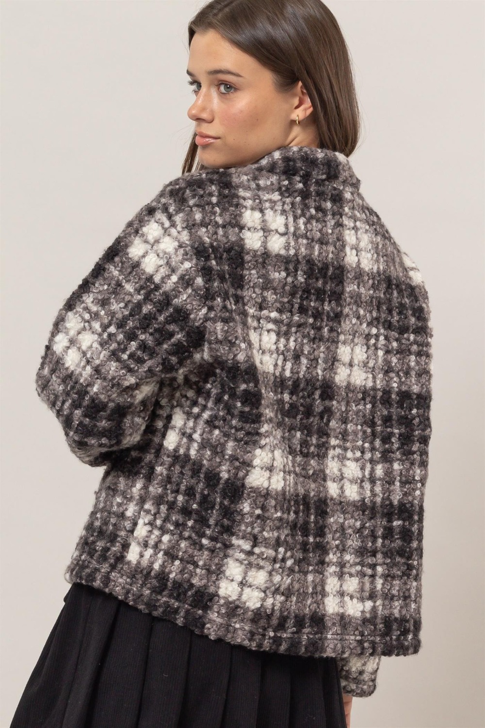 Plaid Collared Neck Boucle Jacket with Pockets
