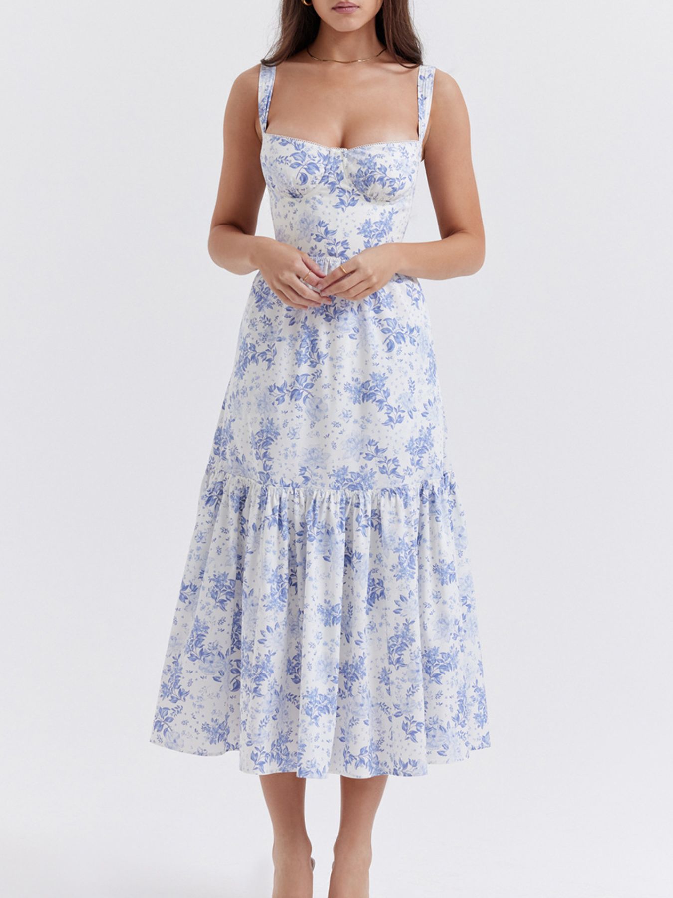 Floral Print Sweetheart Neck Midi Dress