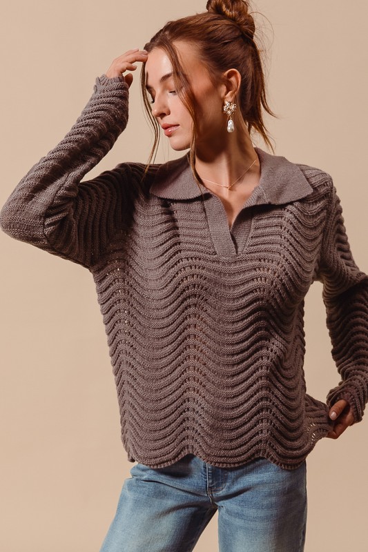 Notched Collar Wavy Texture Sweater Top