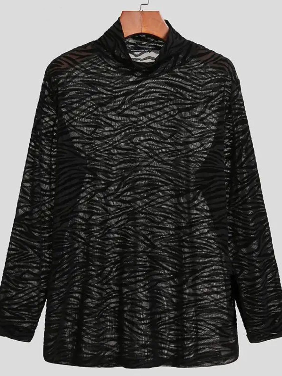 Men's Zebra Print Mock Neck Long Sleeve Mesh Top