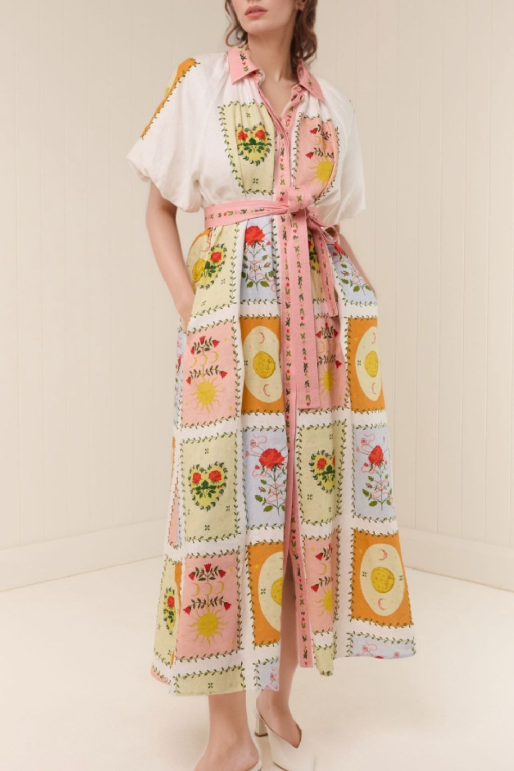 Printed Short Sleeve Belted Maxi Dress