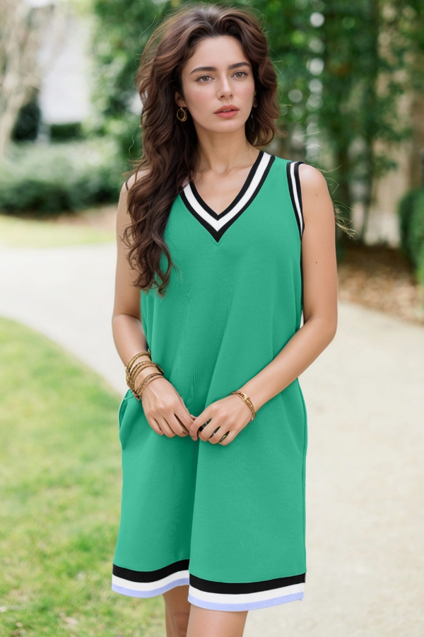 Color Contrast Trim V Neck Shift Sleeveless Mini Dress