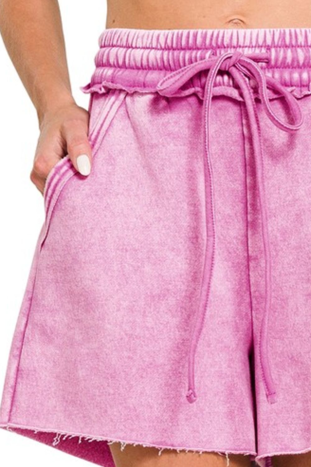 Acid Wash Fleece Drawstring Shorts With Pockets