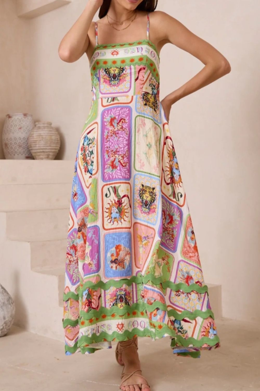 Smocked Printed Square Neck Cami Dress