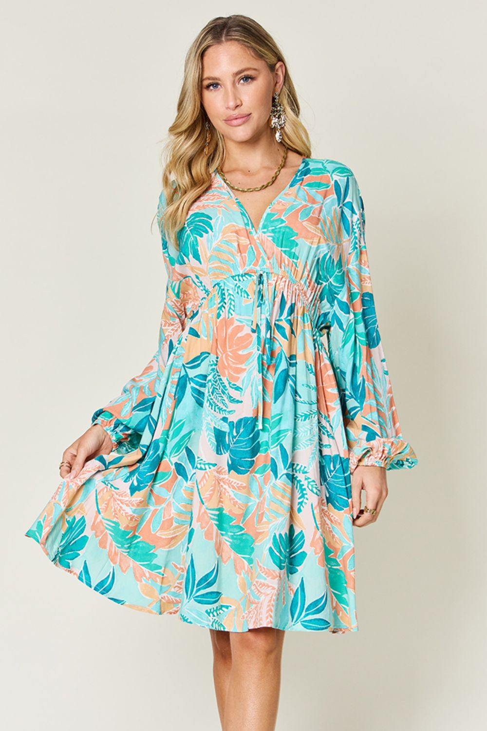 Full Size Printed V-Neck Drawstring Dress