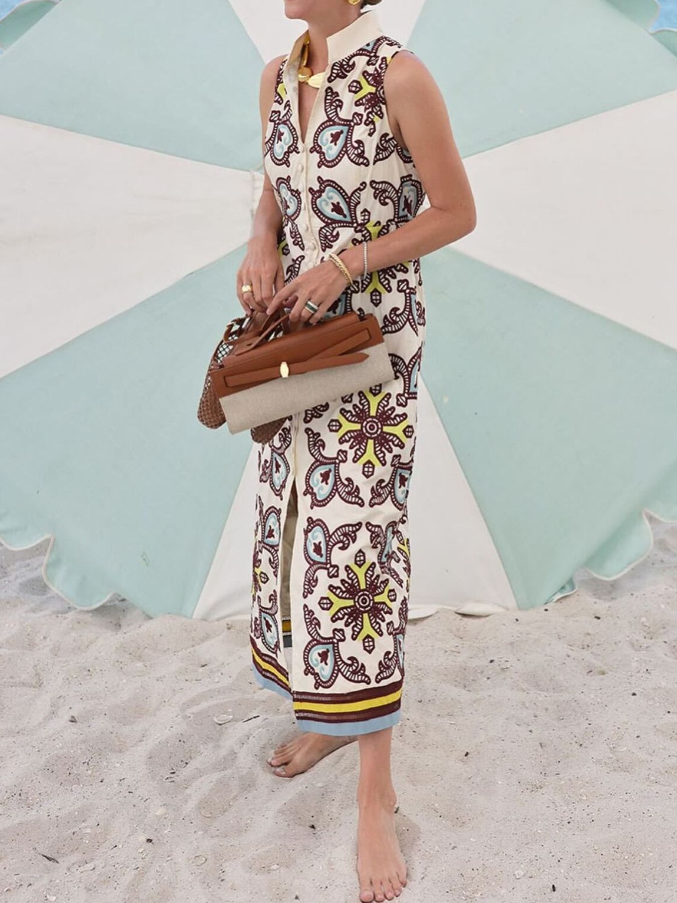 Printed Button Front Sleeveless Dress