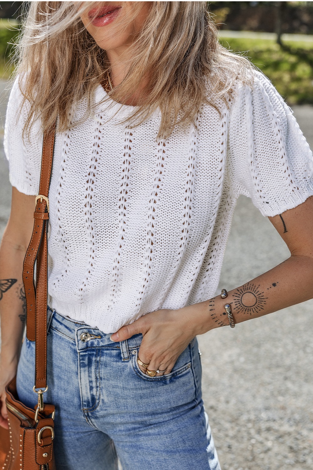 Openwork Round Neck Short Sleeve Knit Top