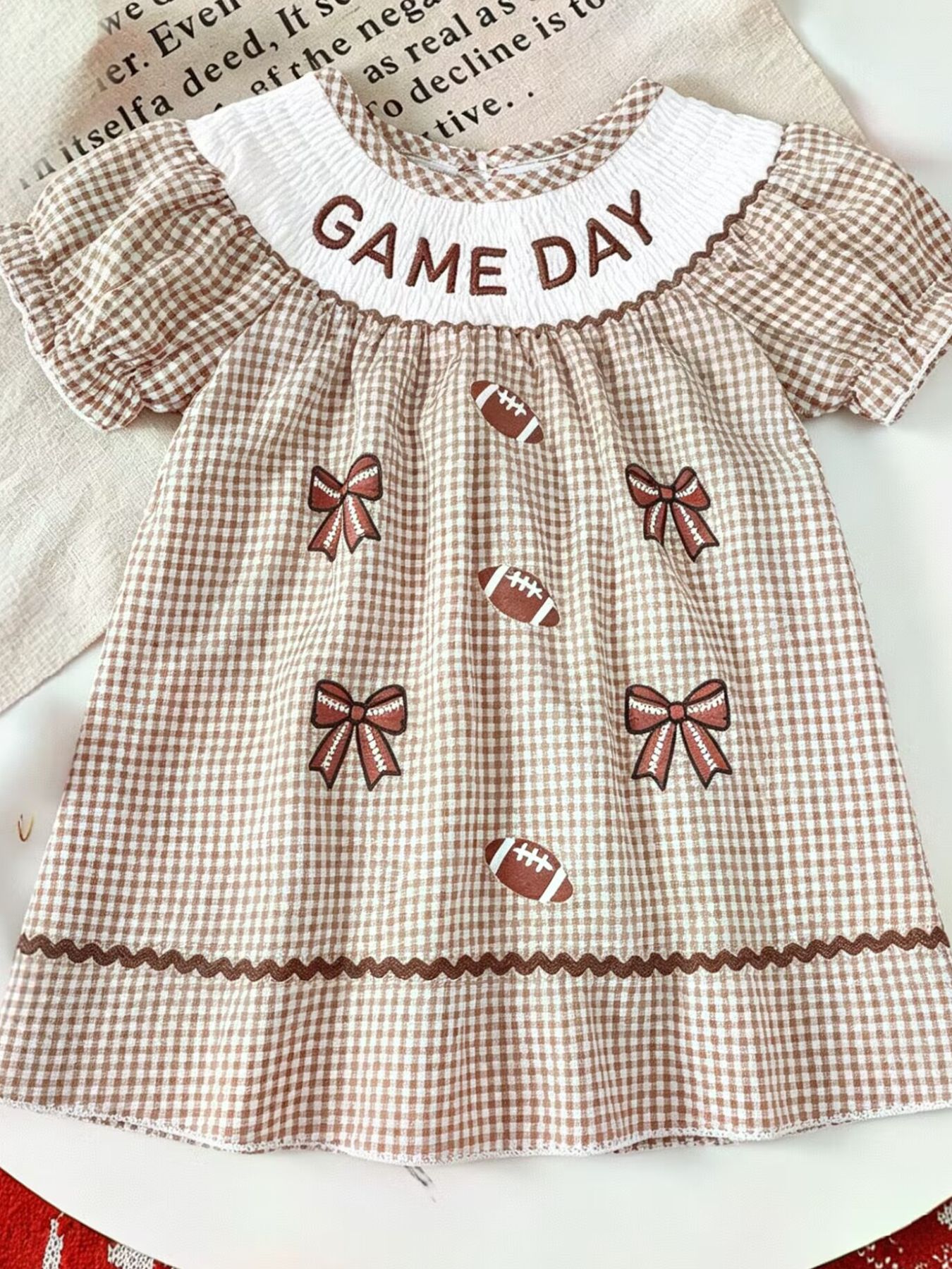 Children's Gingham Football Puff Sleeve Dress 1