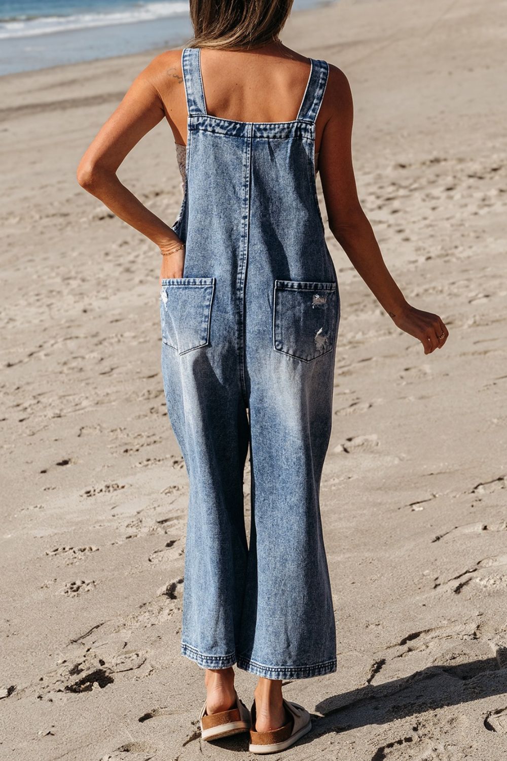Distressed Bib Pocket Wide Leg Denim Overalls