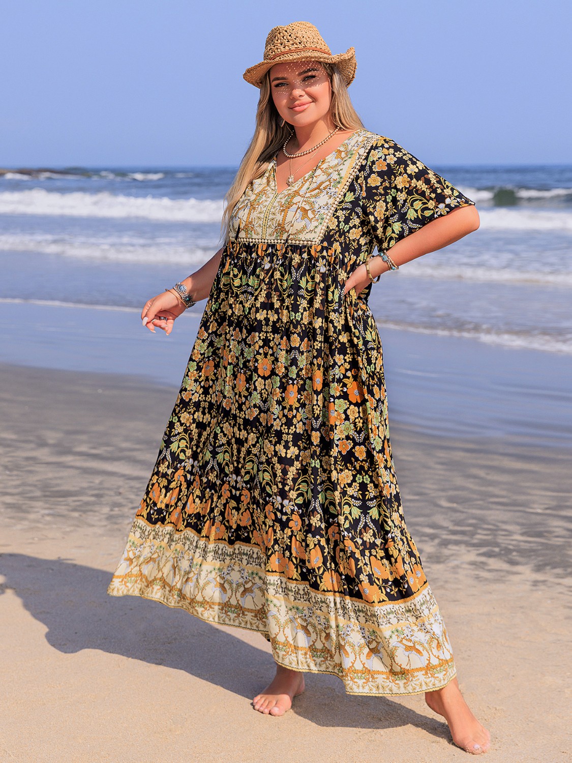Plus Size Bohemian Floral Tiered Maxi Dress