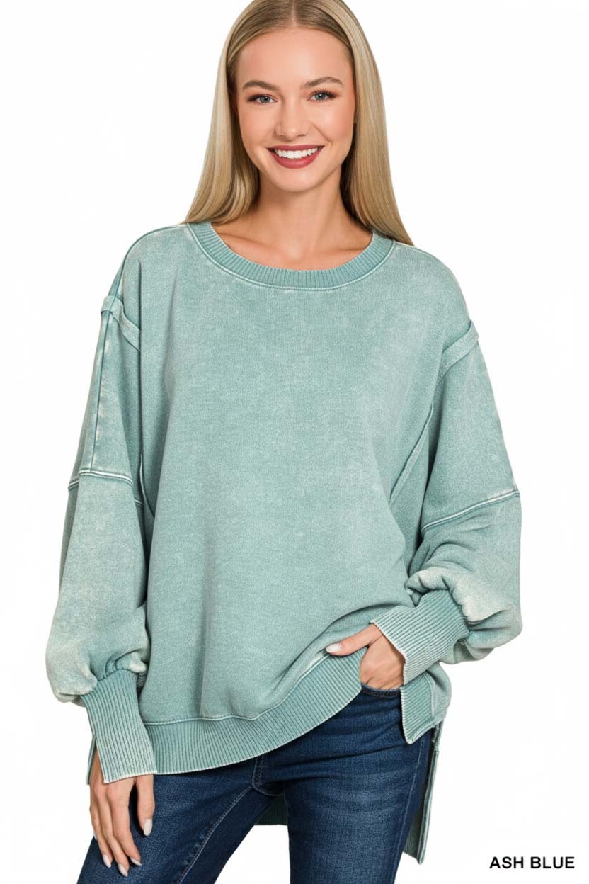 Acid Washed Batwing Sleeve Fleece Sweatshirt