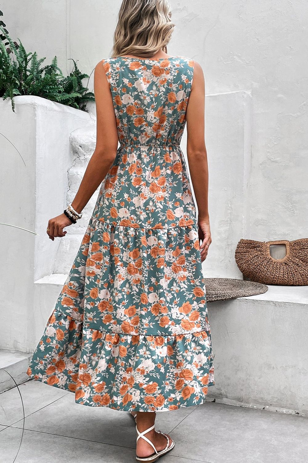 Floral Print Trimmed V Neck Tie Waist Sleeveless Dress