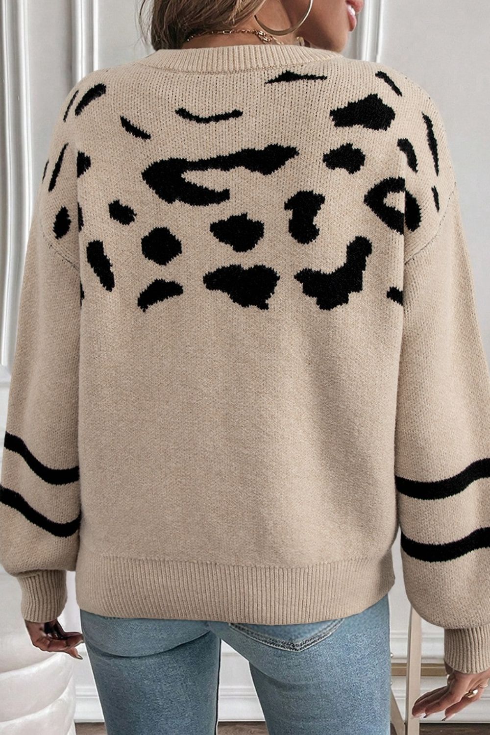 Leopard Round Neck Dropped Shoulder Sweater