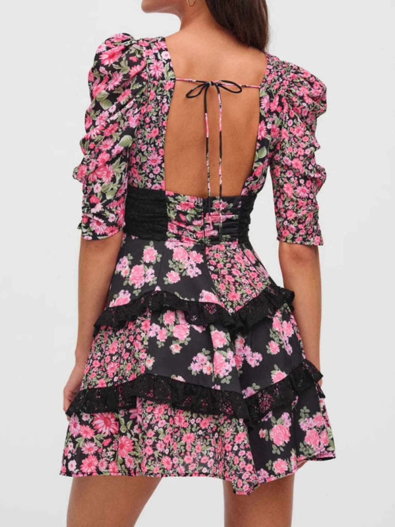 Ruffled Floral Print Half Sleeve Dress