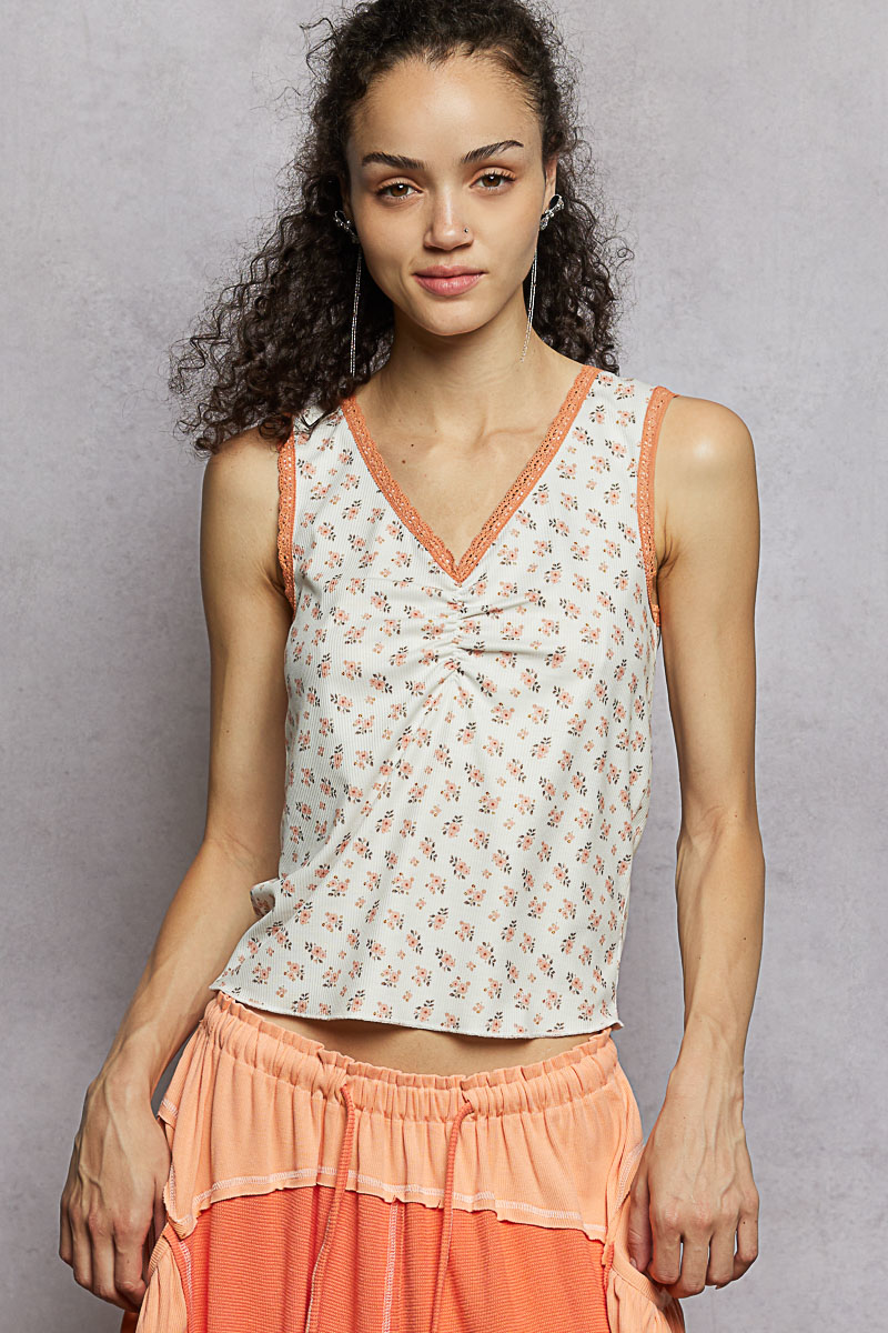 Ruched Floral V-Neck Tank with Lace Detail