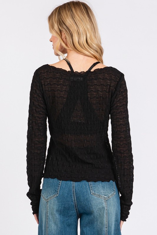 Lettuce Hem Boat Neck Long Sleeve Blouse