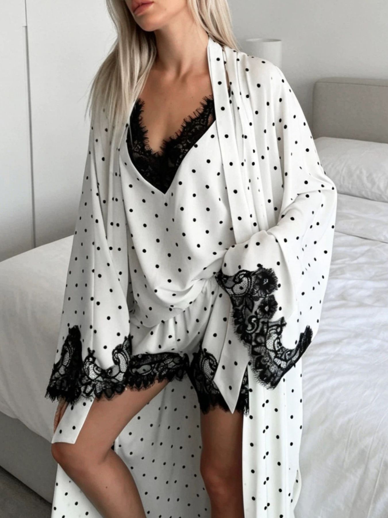Polka Dot Lace Trim Cami & Cardigan and Shorts Set