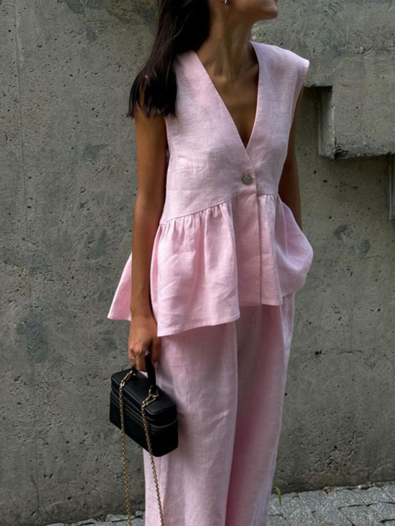 One Button Peplum Top and Pants Set