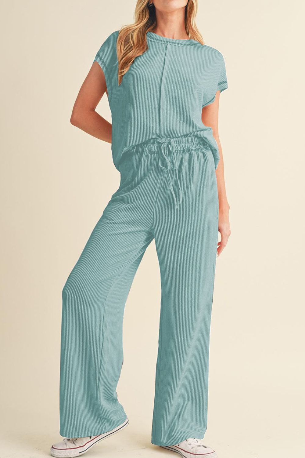 Solid Color Corded Short Sleeve Top and Casual Pants Set
