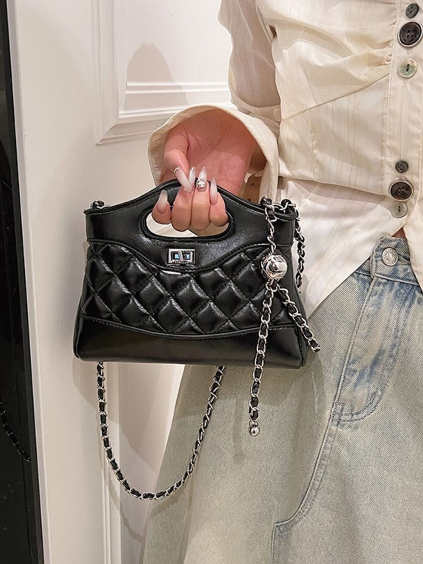 Quilted Pattern Top Handle Crossbody Bag 1