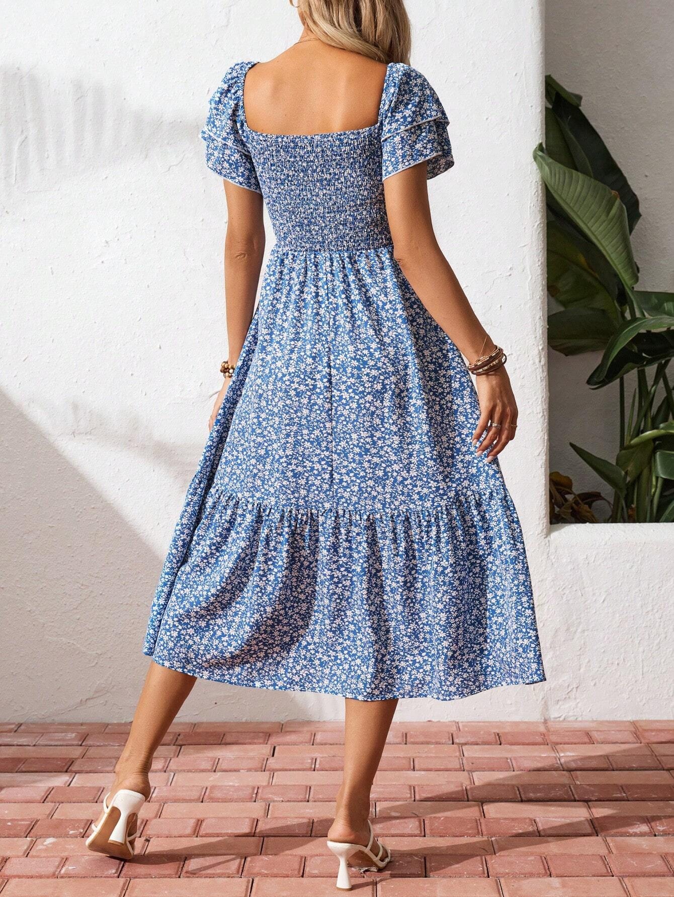 Floral Smocked Square Neck Midi Dress