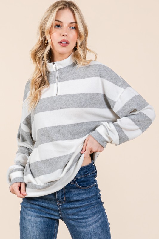 Striped Quarter Zip Drop Shoulder Sweatshirt