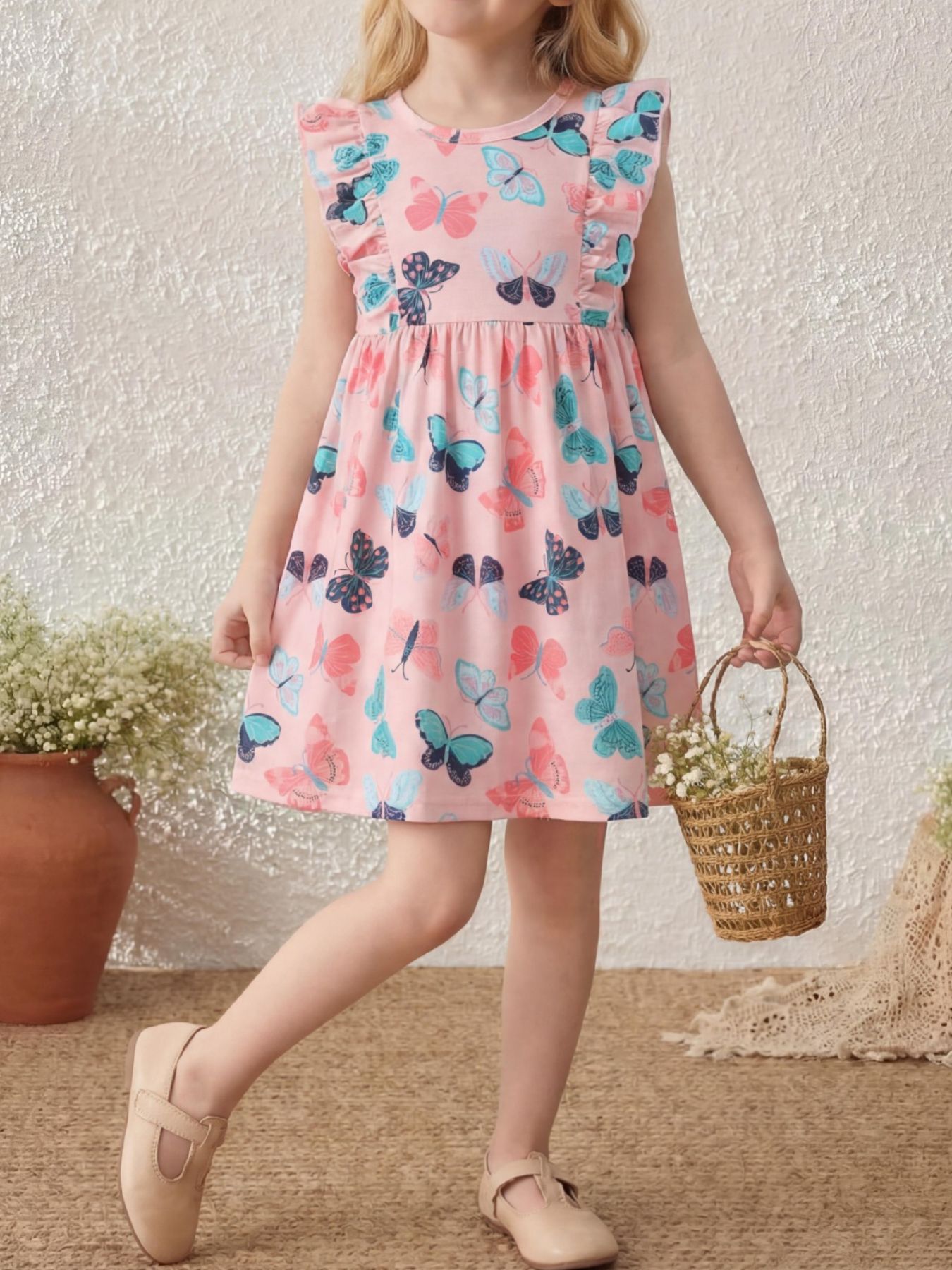 Children's Butterfly Print Ruffle Sleeve Dress 1