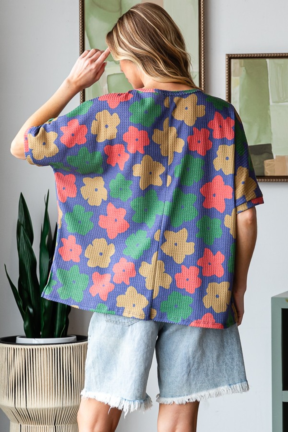 Full Size Floral Round Neck Side Slit T-Shirt