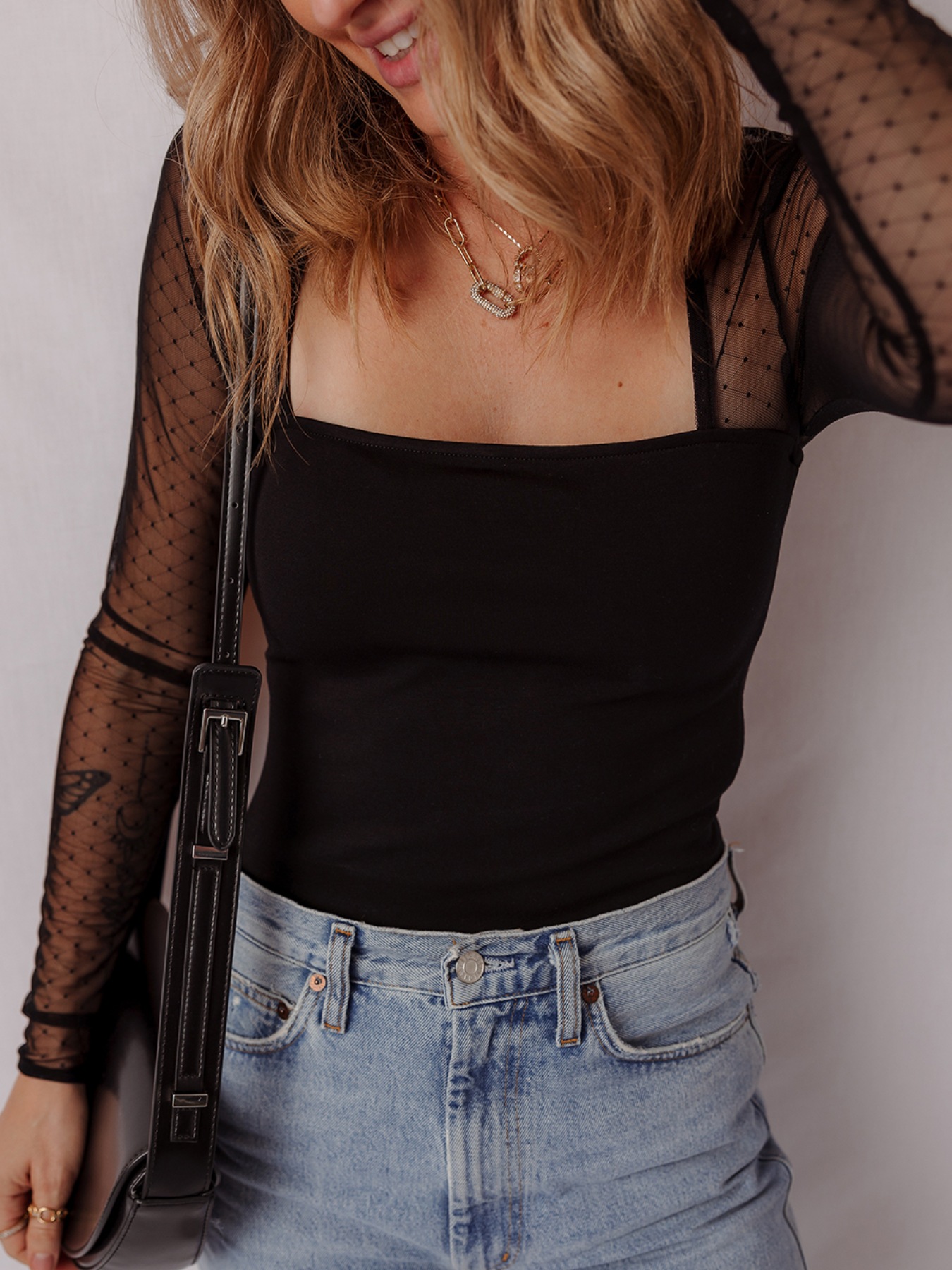 Mesh Sleeve Square Neck Bodysuit