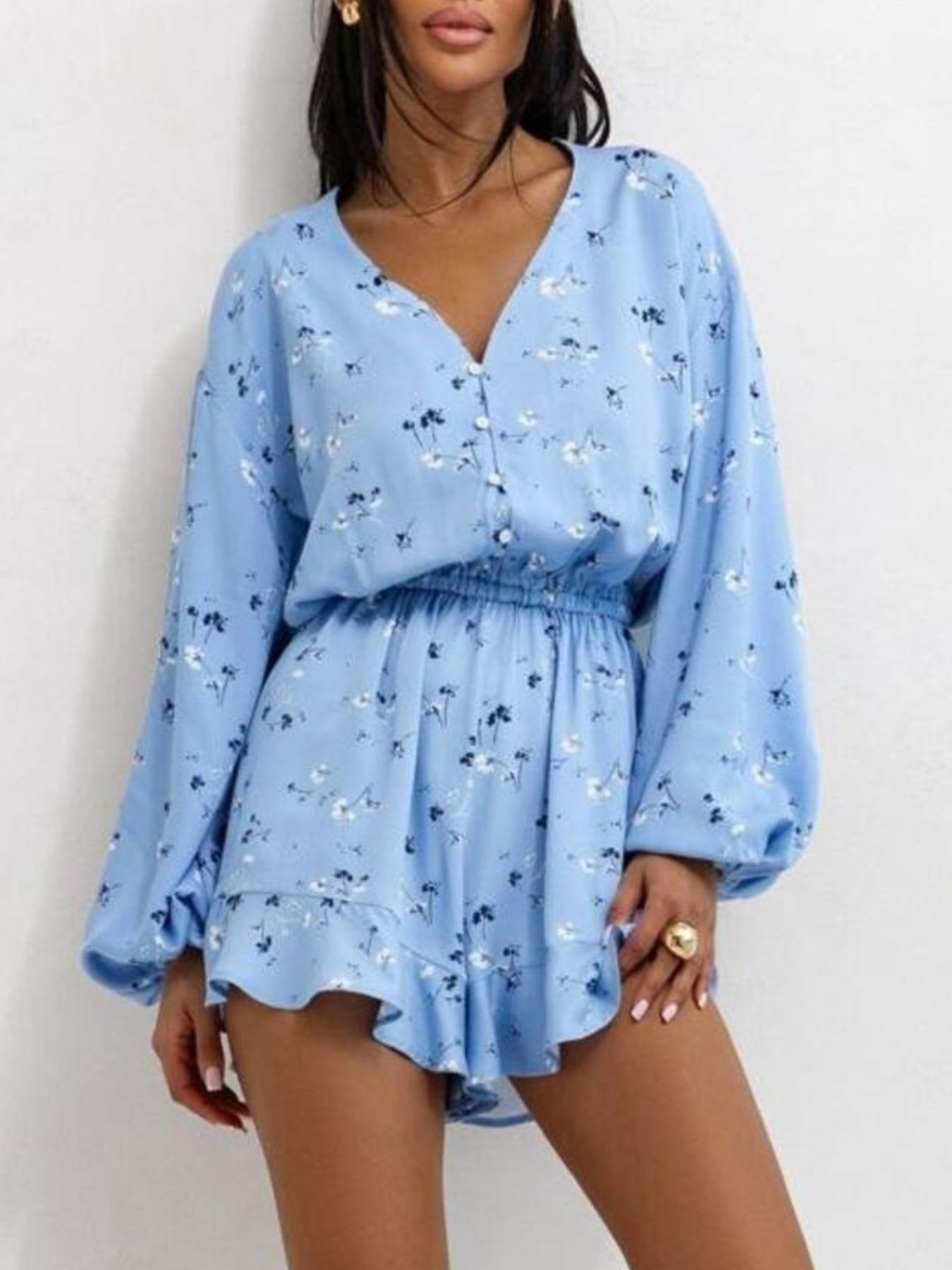 Floral V-Neck Long Sleeve Romper with Elastic Waist
