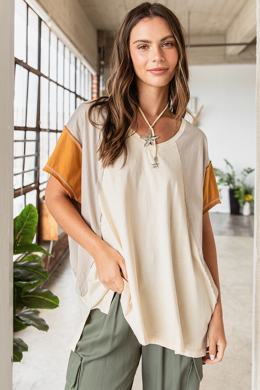 Color Block V-Neck Short Sleeve T-Shirt