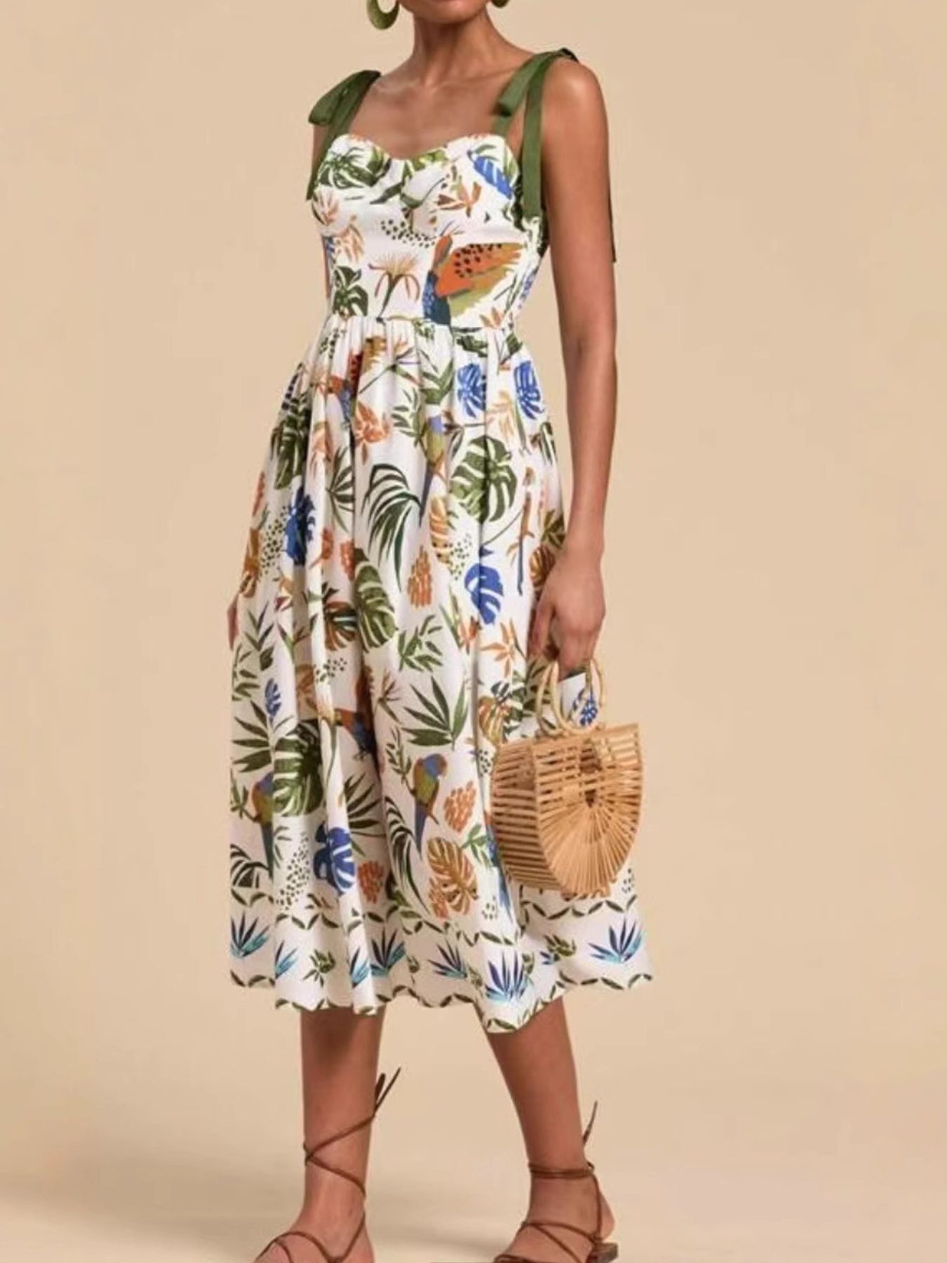 Tropical Print Tie-Shoulder Sweetheart Neck Midi Dress