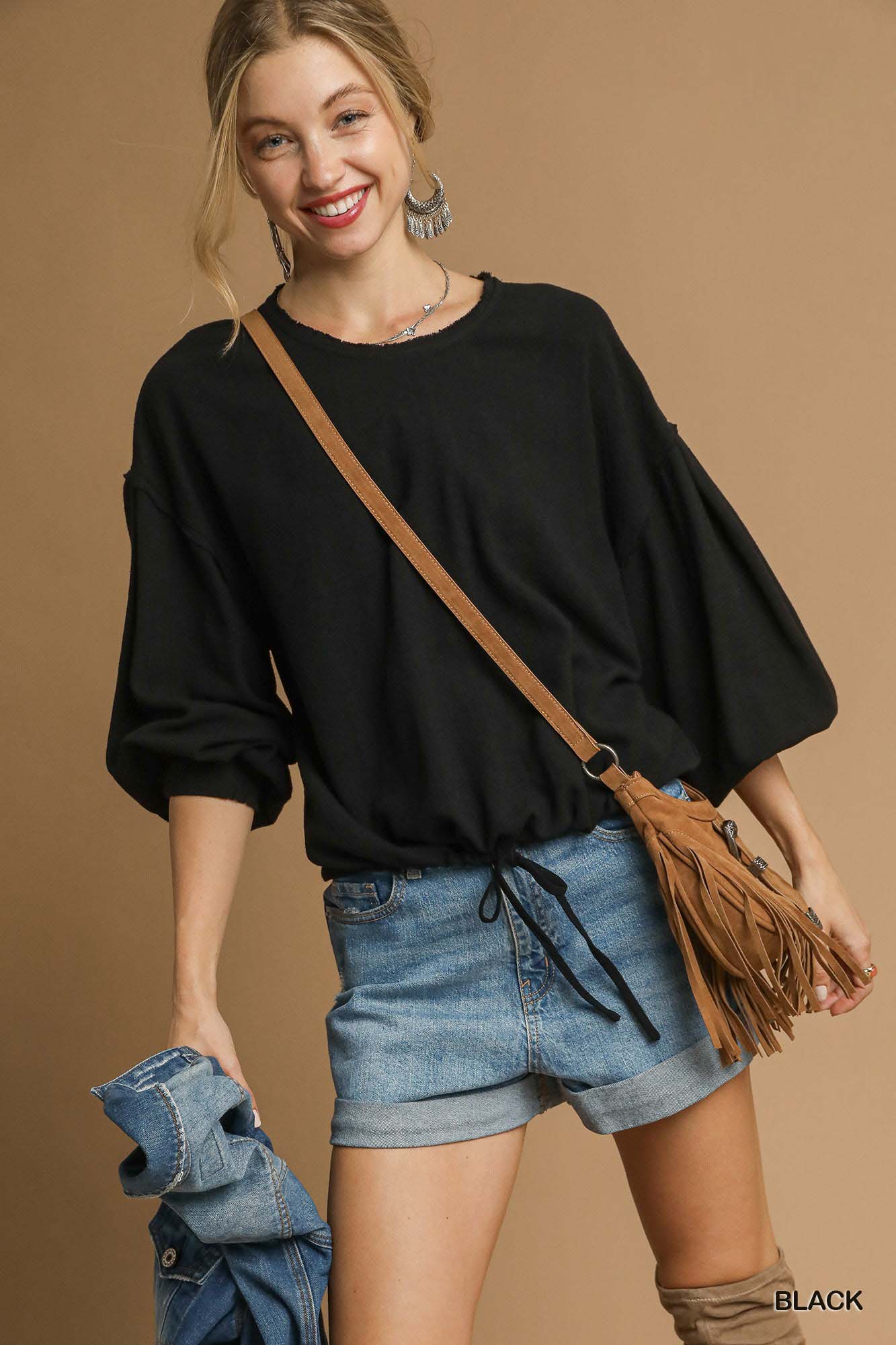 Umgee Full Size Linen Long Sleeve Top with Drawstring Plus Size